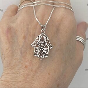 Silver Hamsa with Evil Eye Necklace, Hand of Fatima Chain, Religious Necklaces